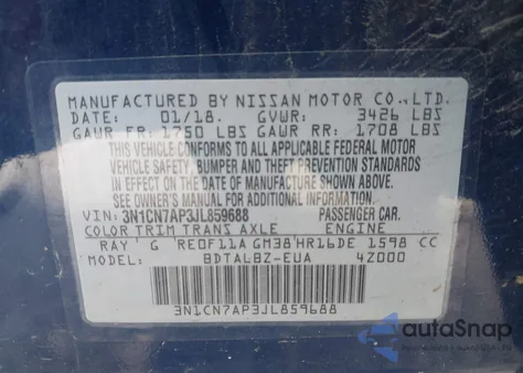 2018 Nissan Versa 1.6 Sv из США, поврежденный, VIN 3N1CN7AP3JL859688